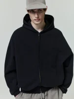 Essentials Embossed Classic Fleece Black Zip-Up Hoodie Men